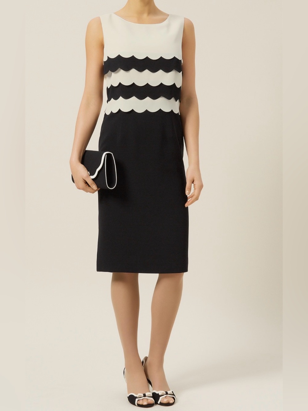 Jacques Vert Sleeveless Navy Midi Dress with White Scallop Yoke
